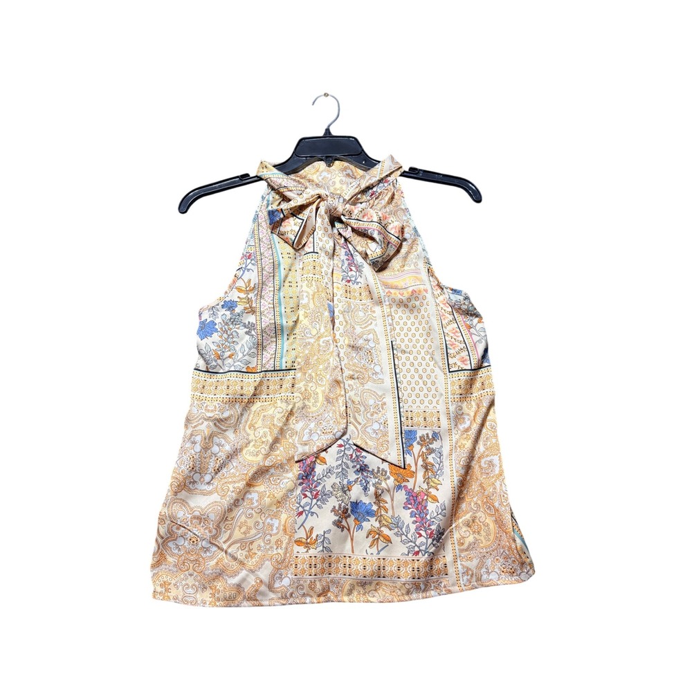 Rachel Zoe Halter Top Women Medium Yellow Excellent Paisley Floral Bow Tie Neck